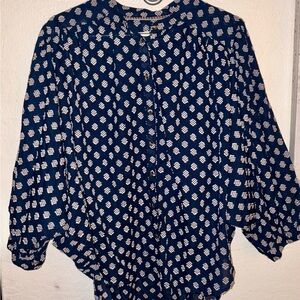 Anthropologie Navy Button-Up Shirt with White Geometric Print